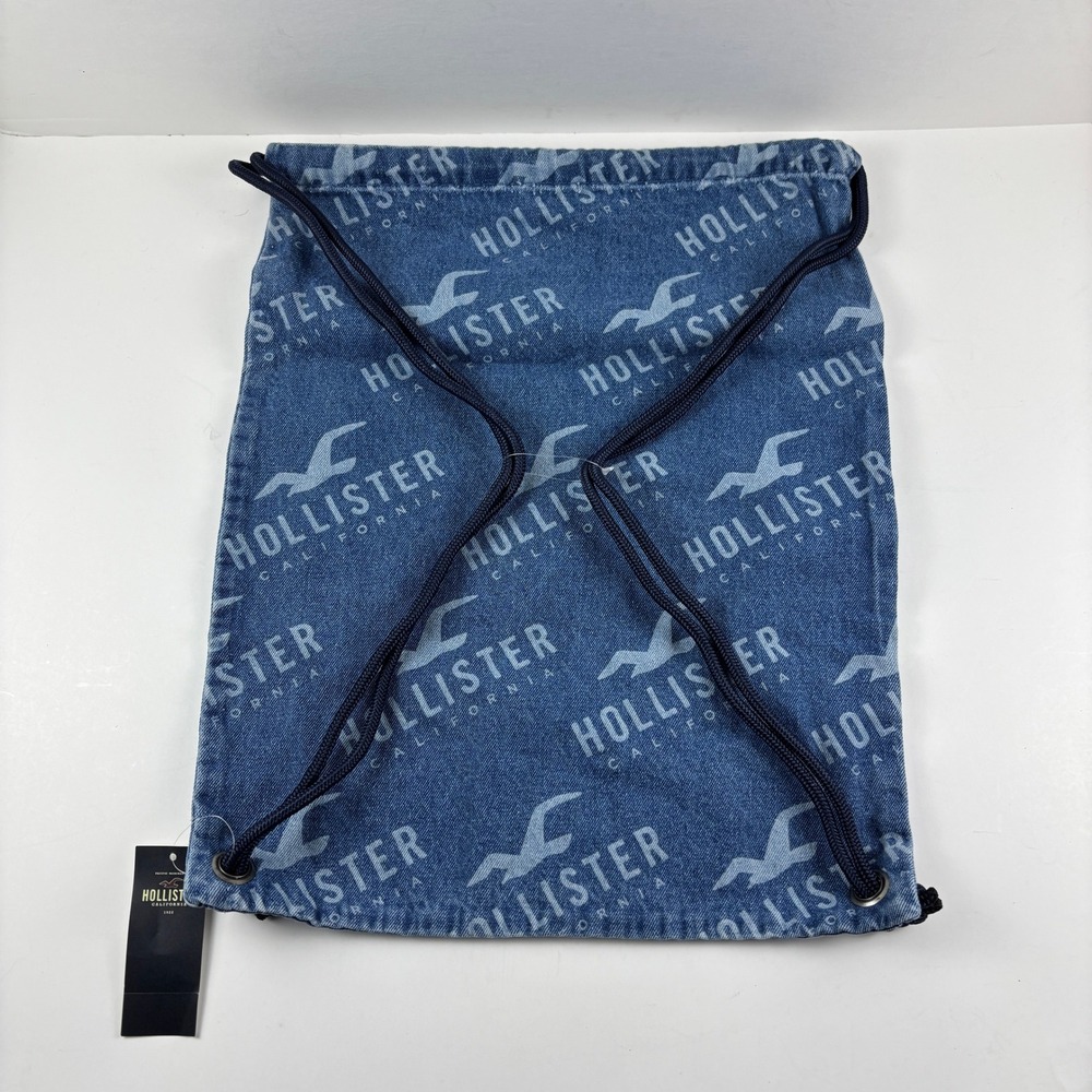 New Hollister Drawstring Backpack Unisex OS Blue Denim Logo Cinch Bag Y2K Casual